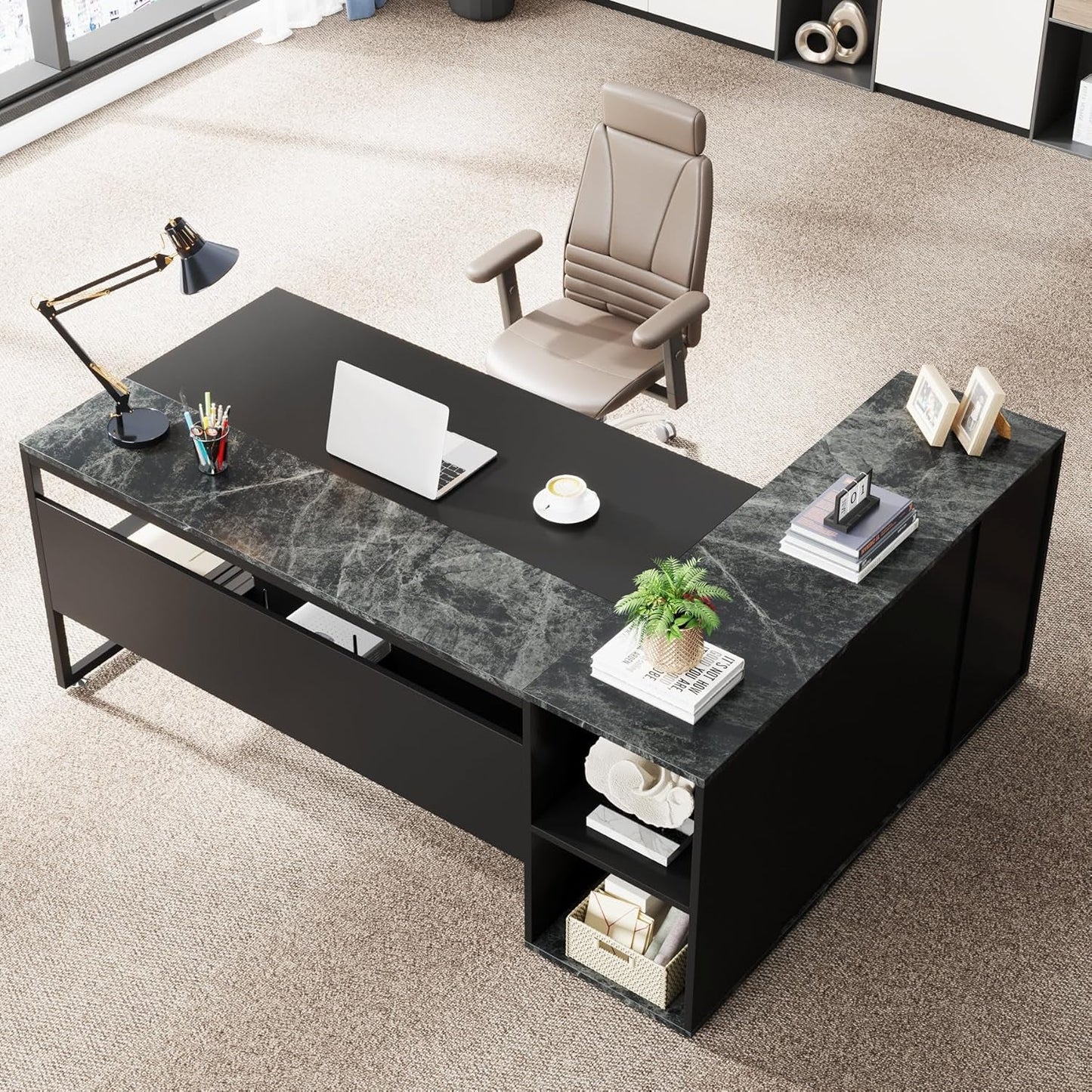 71 Inch Black L Shaped Executive Desk With Storage