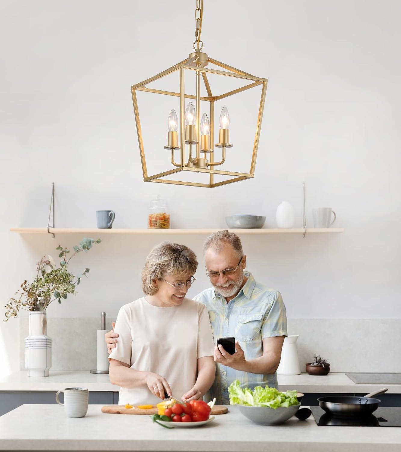 Industrial Gold Four Light Chandelier Lantern Fixture