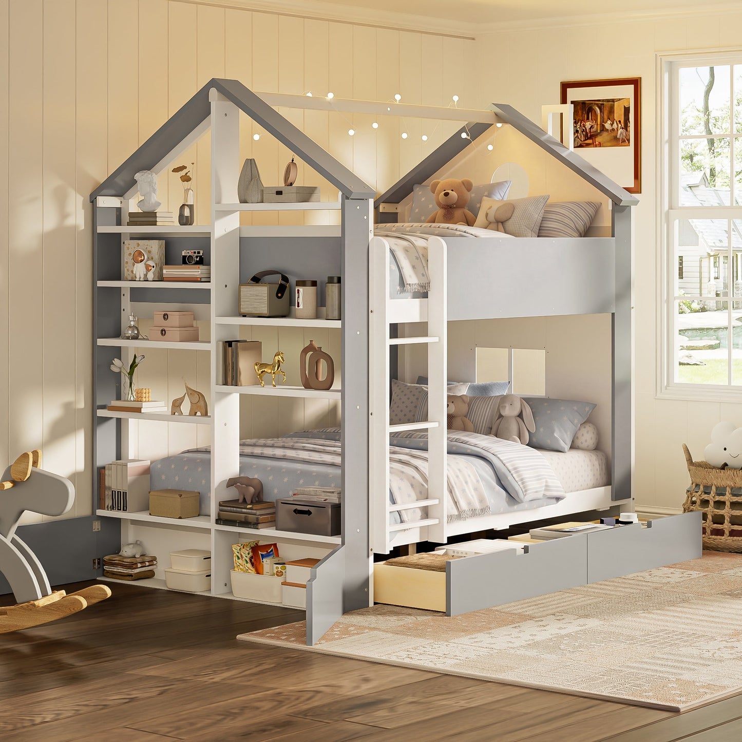 Full Size Bunk Bed with Storage Drawers & Shelves