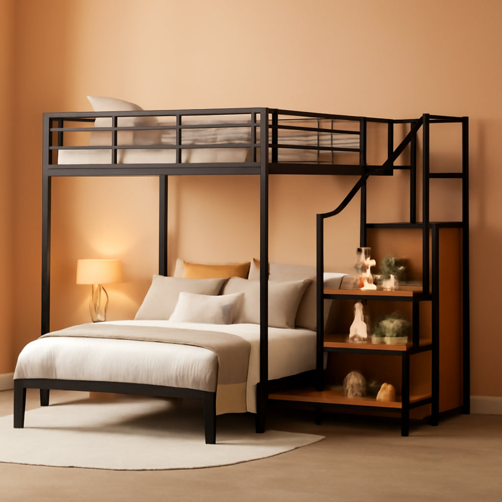 Full Over Full Metal Bunk Bed With Storage Stairs Black