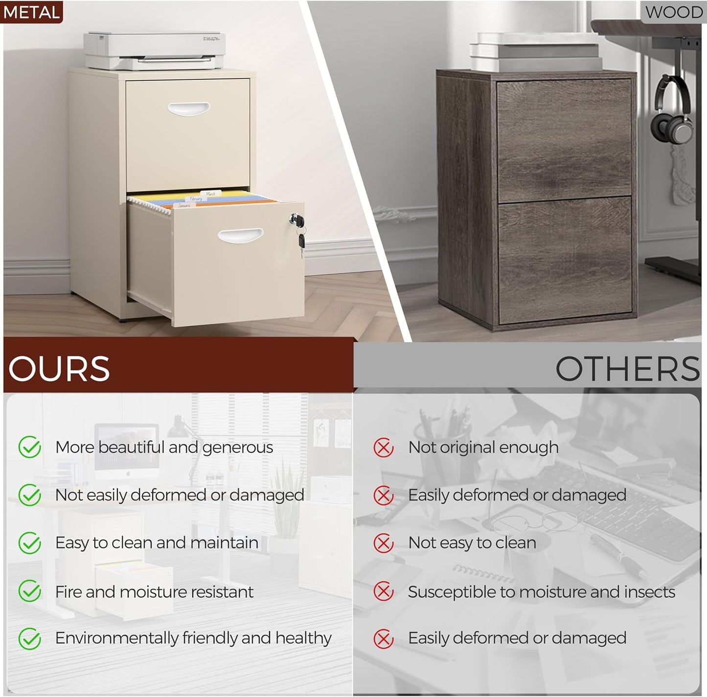 Cream Metal 2 Drawer Locking File Cabinet For Hanging Files A4 And Letter Documents