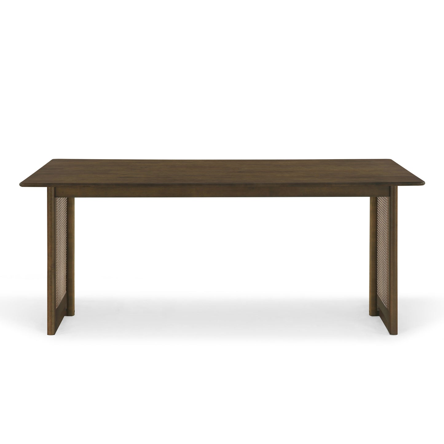 Walnut-Colored Rubber Wood Dining Table with Rattan Accents