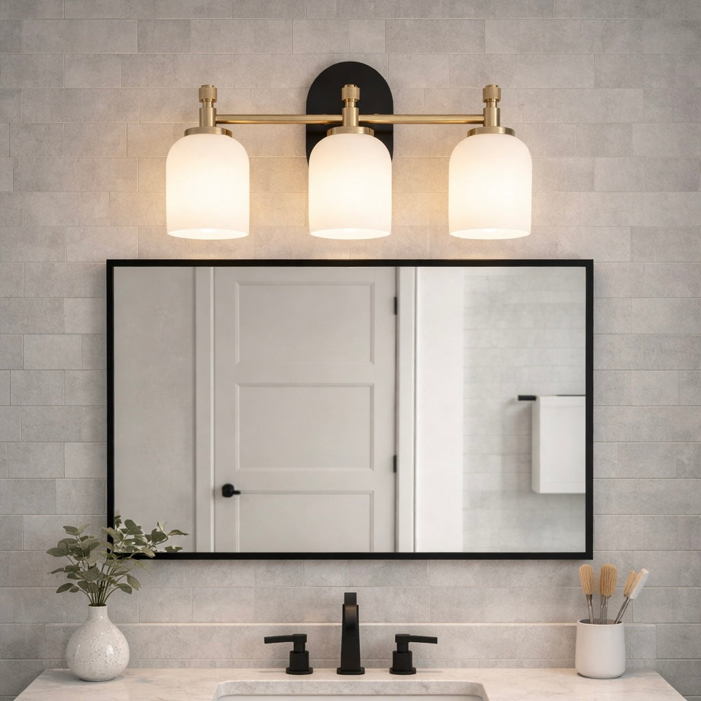Meadows Three Lights Vanity Brushed Gold Bathroom Lighting
