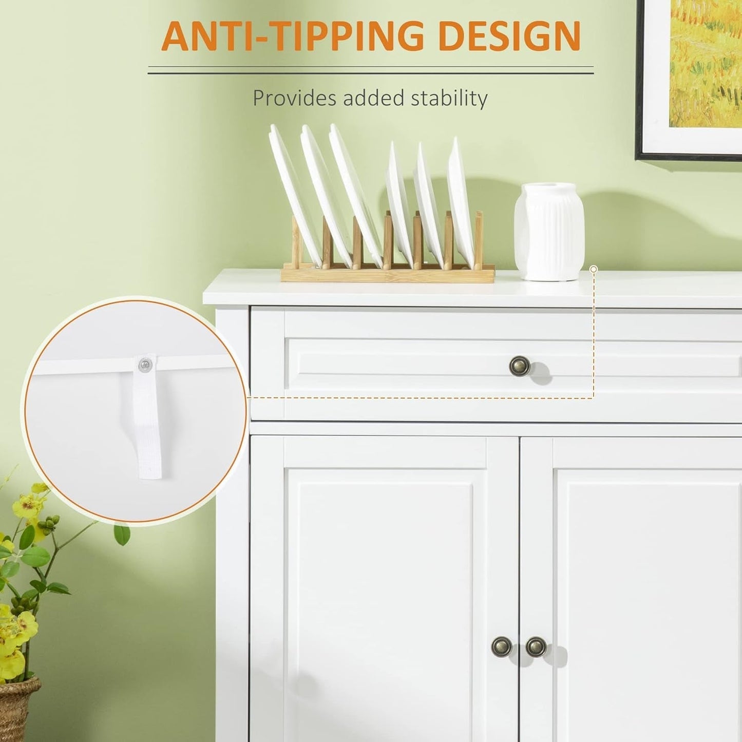 White Sideboard Buffet Cabinet with anti-tipping design for added stability and storage functionality.