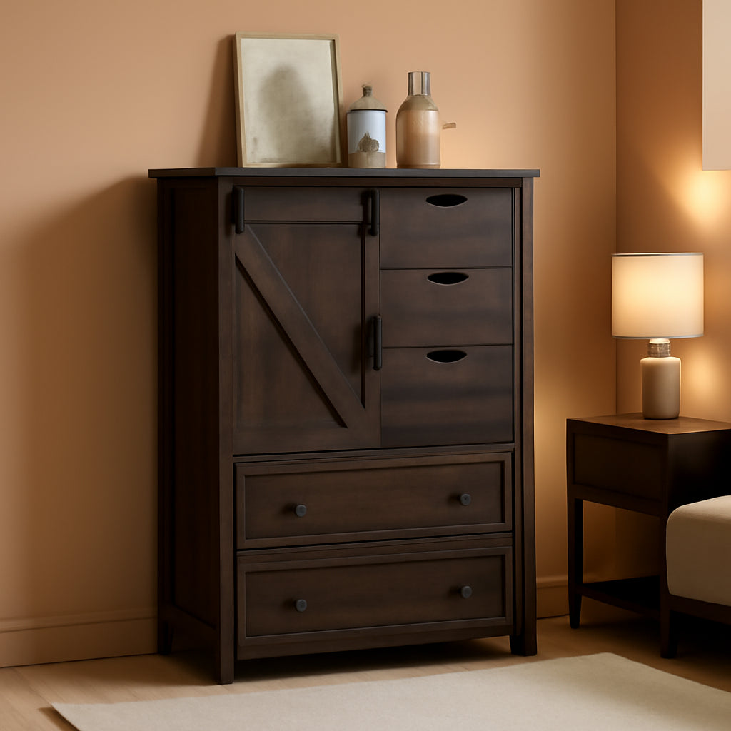Espresso Dresser With FiveDrawers Sliding Barn Doors