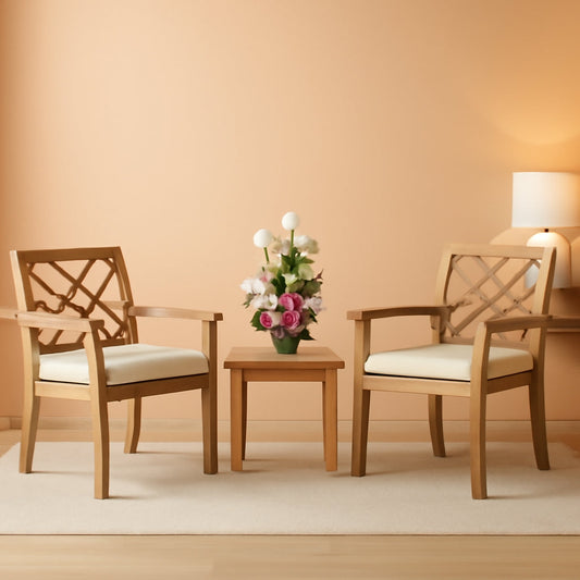 3 Piece Outdoor Patio Furniture Set Acacia Wood Cushioned Chairs And Coffee Table