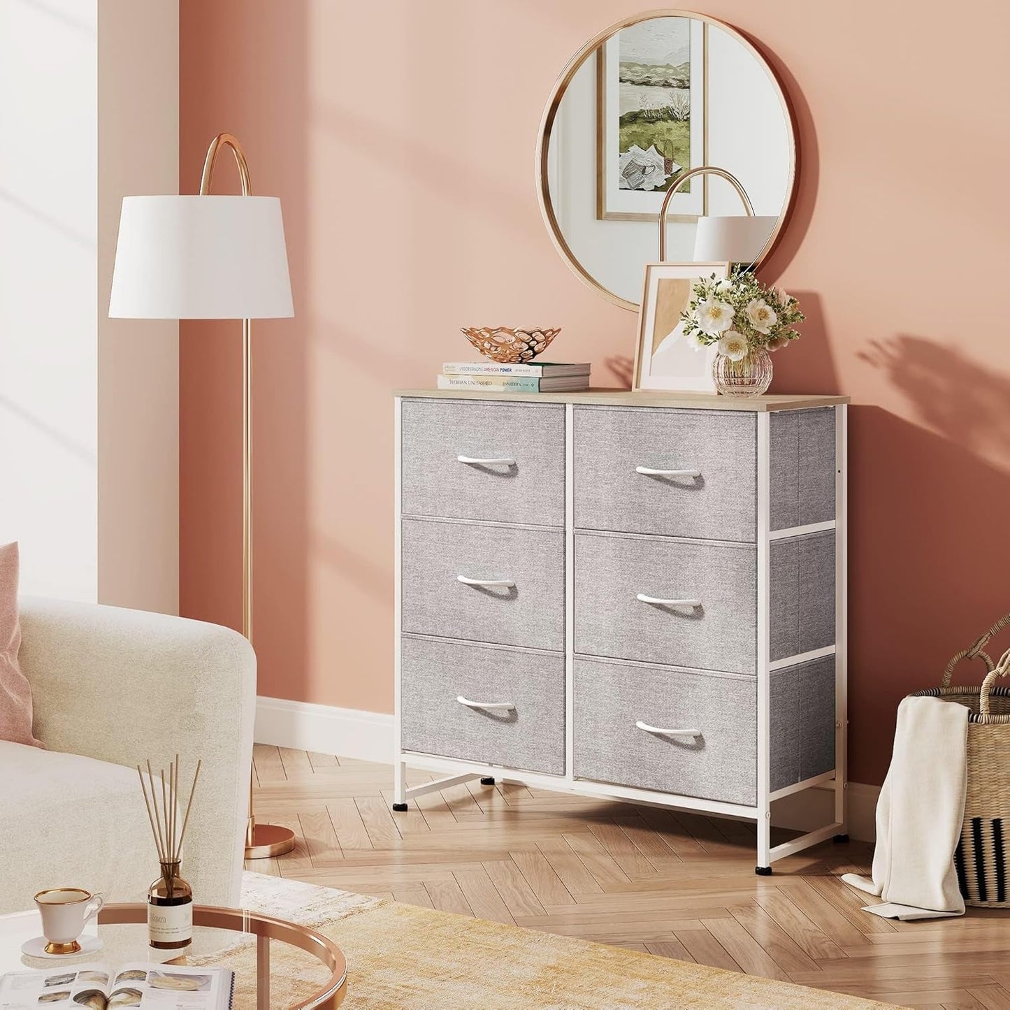 Light Grey Fabric Dresser With 6 Drawers And Fabric Bins