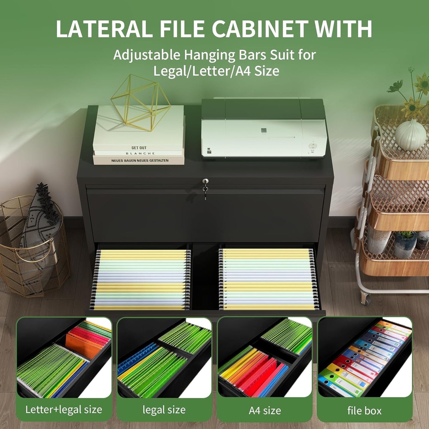 Black Lateral File Cabinet With Lock For Home Office