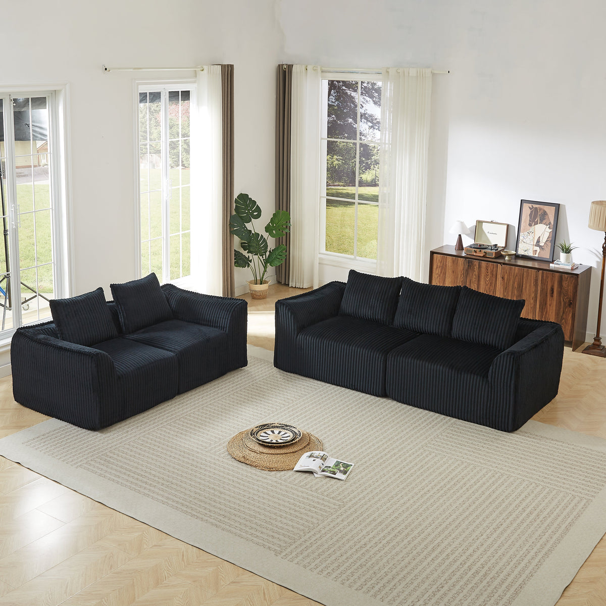 Minimalist 3+2 Seater Corduroy Sofa Set with Curved Lines