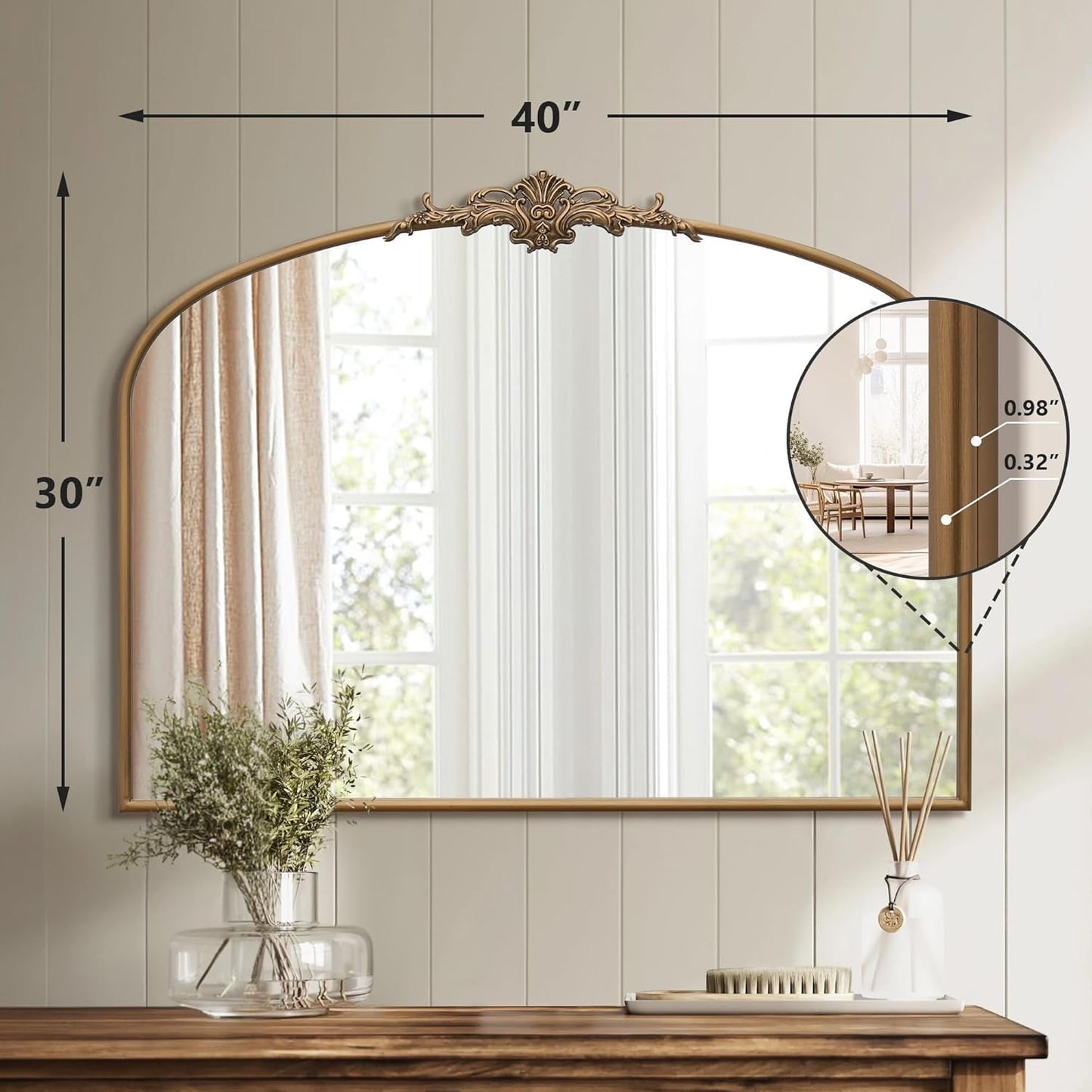 Arched Gold Wall Mirror 40x30 Inches Vintage Ornate