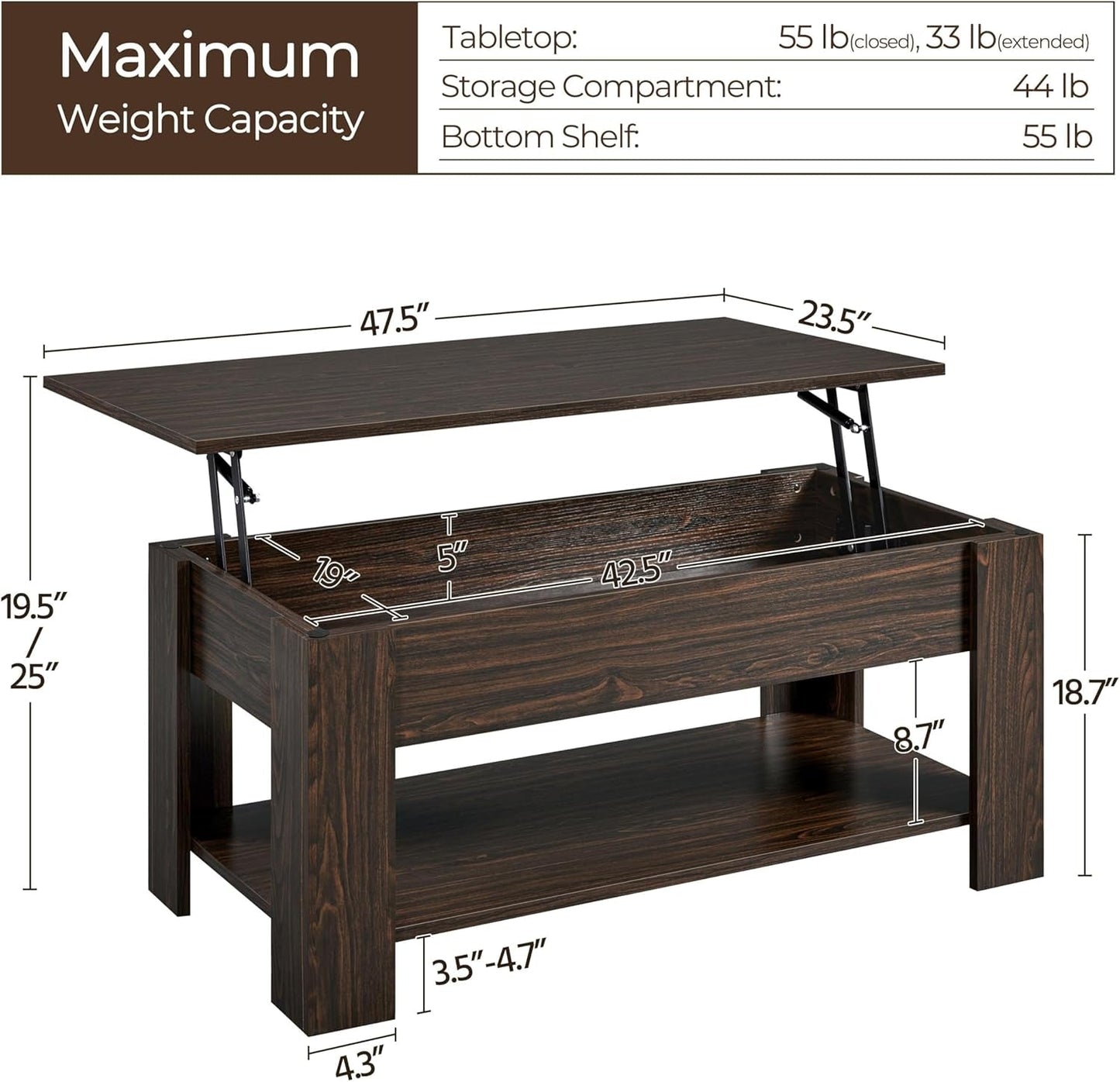 Espresso Lift Top Coffee Table With Hidden Compartment