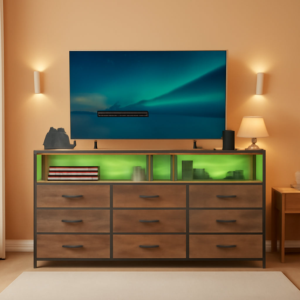 55 Inch Rustic Brown 9-Drawer Entertainment Dresser