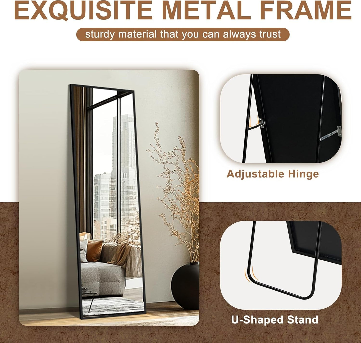 Full Length Floor Mirror 56x15 Inch Black Frame Stand
