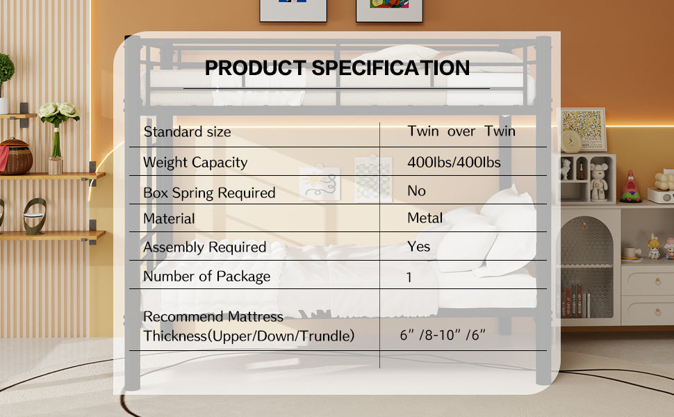 Twin Over Twin Metal Bunk Bed for Kids