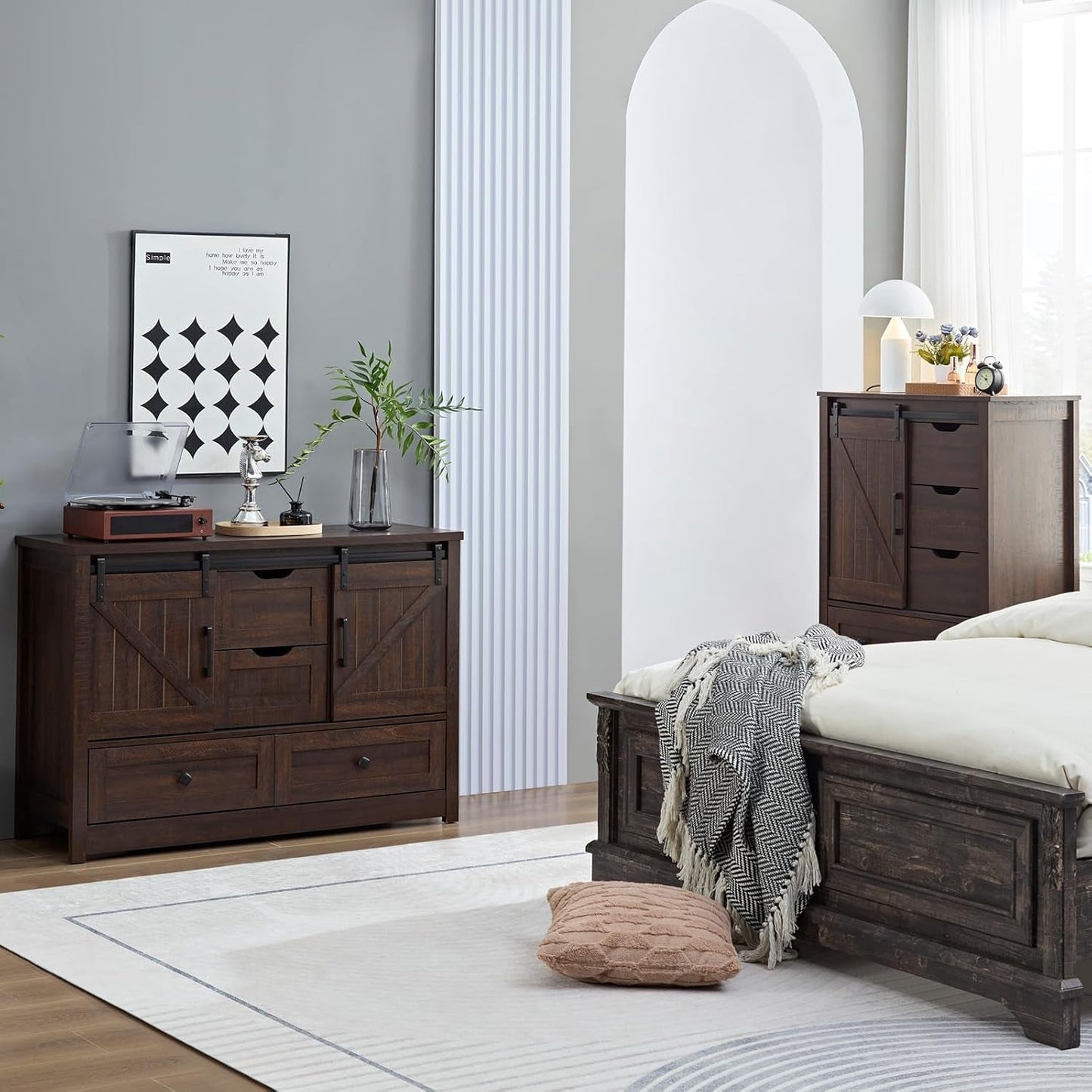 Espresso Dresser With FiveDrawers Sliding Barn Doors