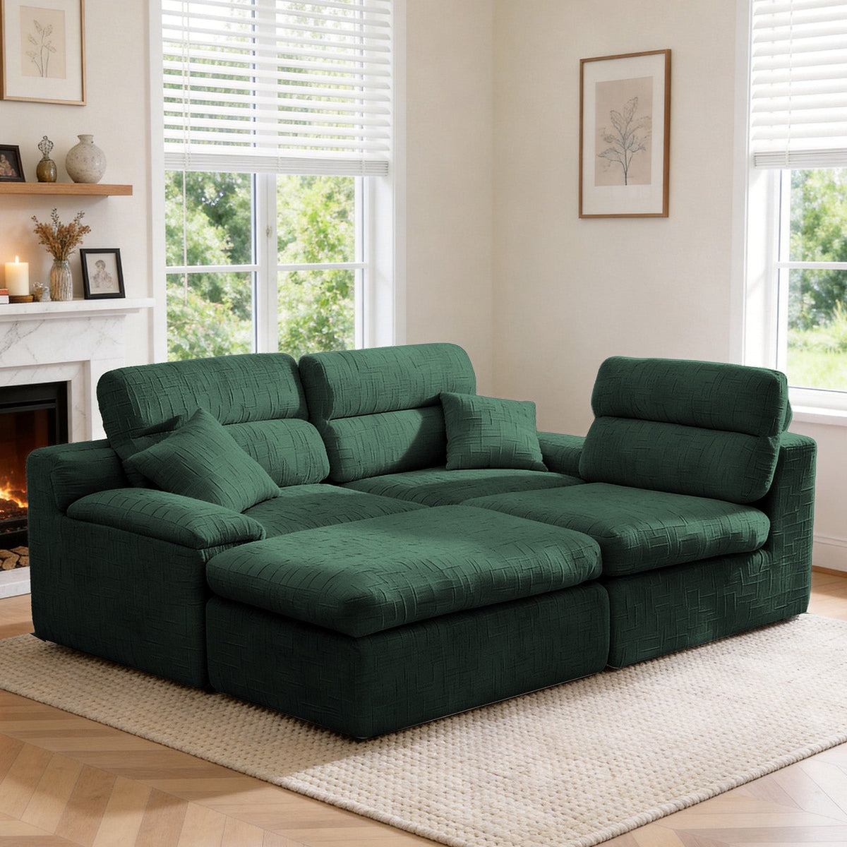 Corner Chaise Sofa with High Backrest - Green