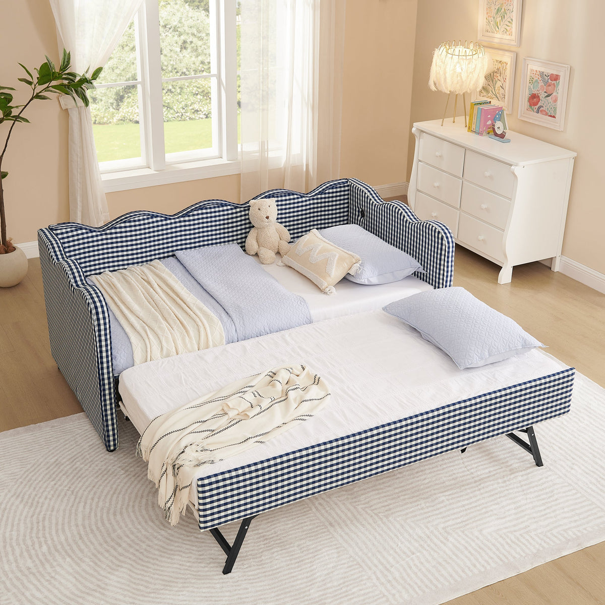 Cozy Gingham Daybed with Trundle Twin Size Sofa Bed