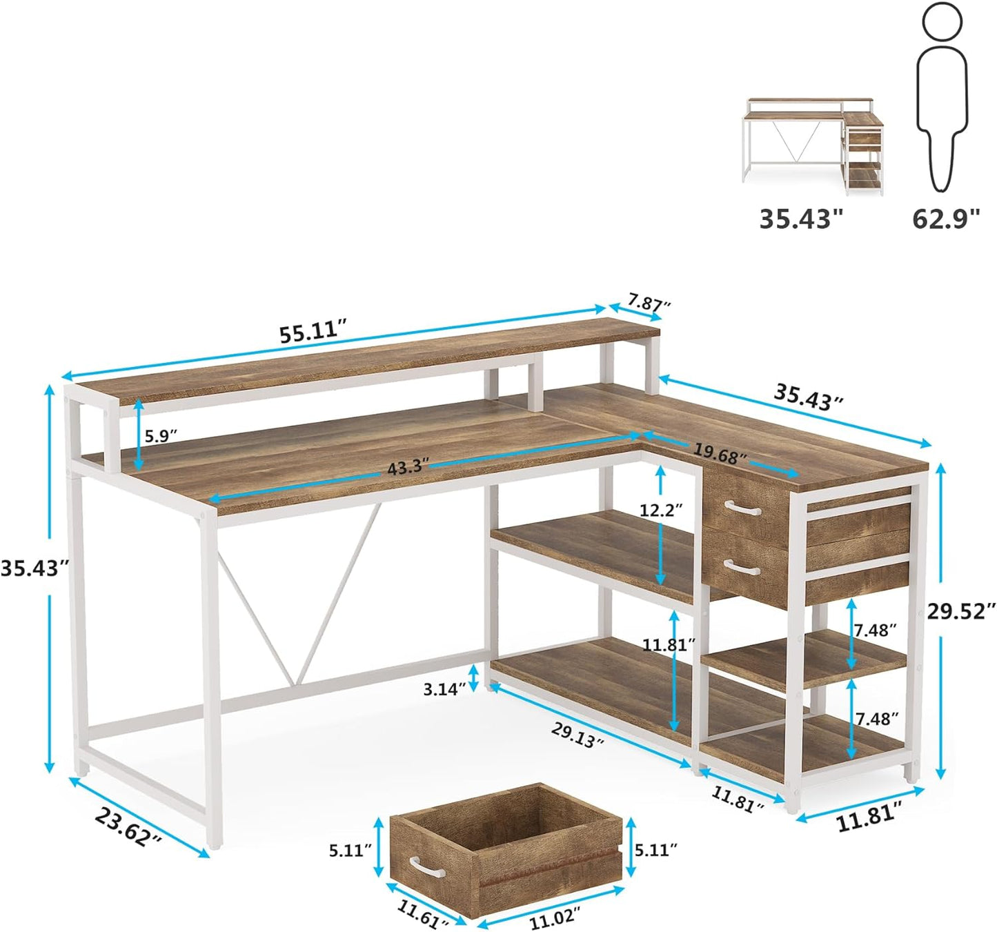 55-Inch L-Shaped Home Office Desk with Monitor Riser