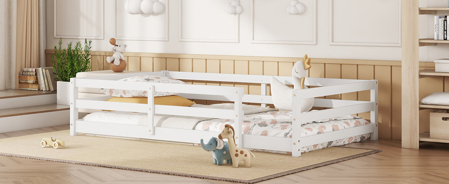 Montessori Twin Size Floor Bed with Fence, White