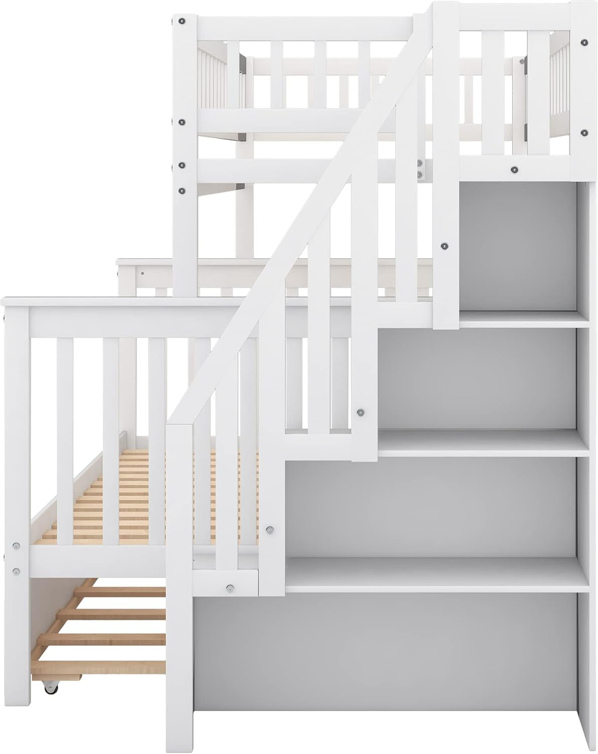 Twin Over Full Bunk Bed With Stairs And Trundle White Wood