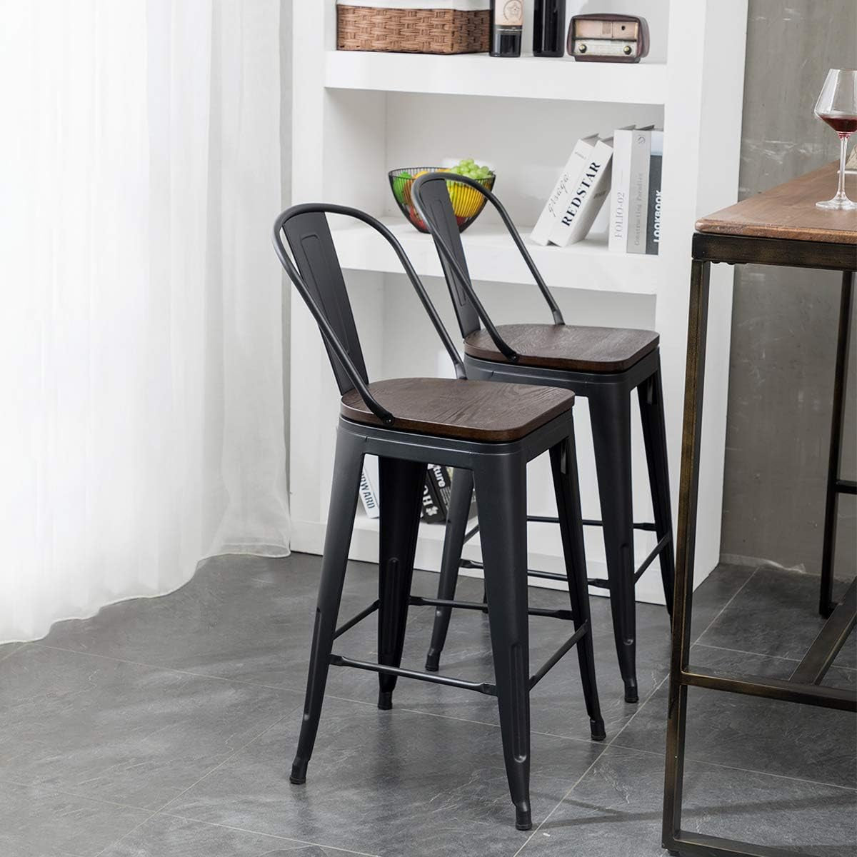 Counter Height Swivel Bar Chairs With Back Set Of 4 in industrial style with wood seats and metal frames.