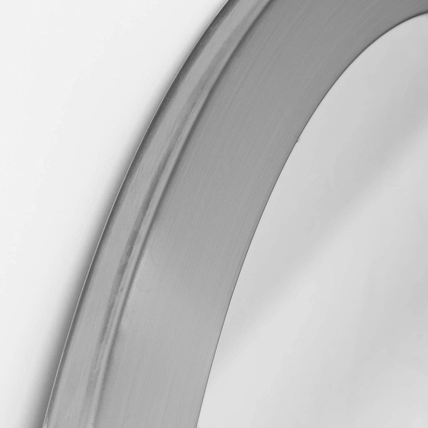 Brushed Nickel Oval Framed Vanity Mirror Beveled Edge close-up of the brushed nickel frame detailing.