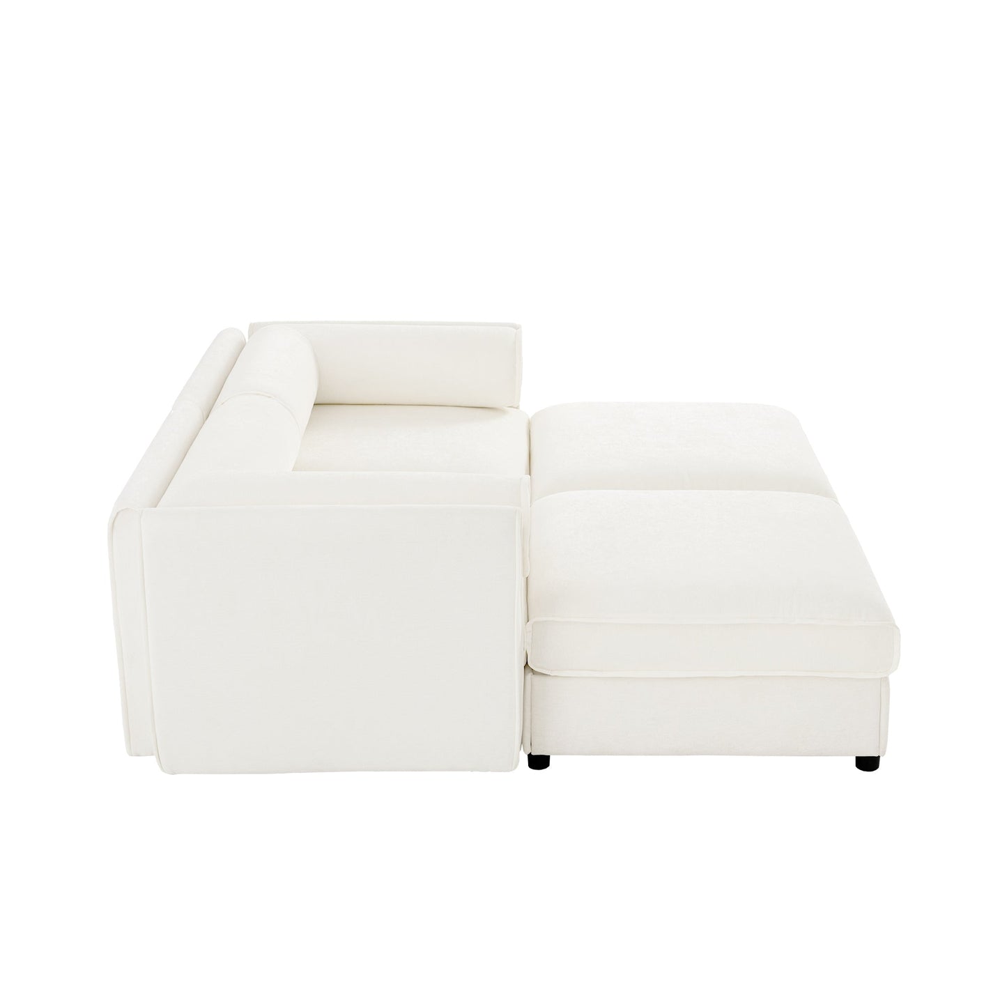 Stylish White Chenille 2-Seater Sofa with 2 Ottoman Storage Seat, Cylindrical Backrest and Armrests, Modern Fabric Loveseat Featuring Hidden Storage Space