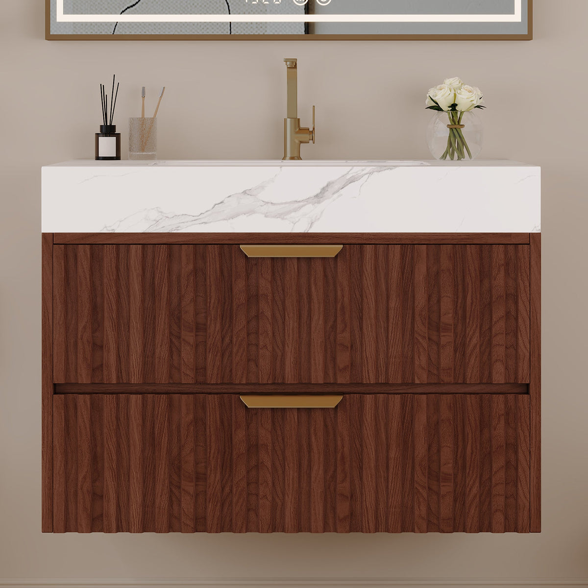 30" Modern Floating Bathroom Vanity with Seamless Sintered Stone Top