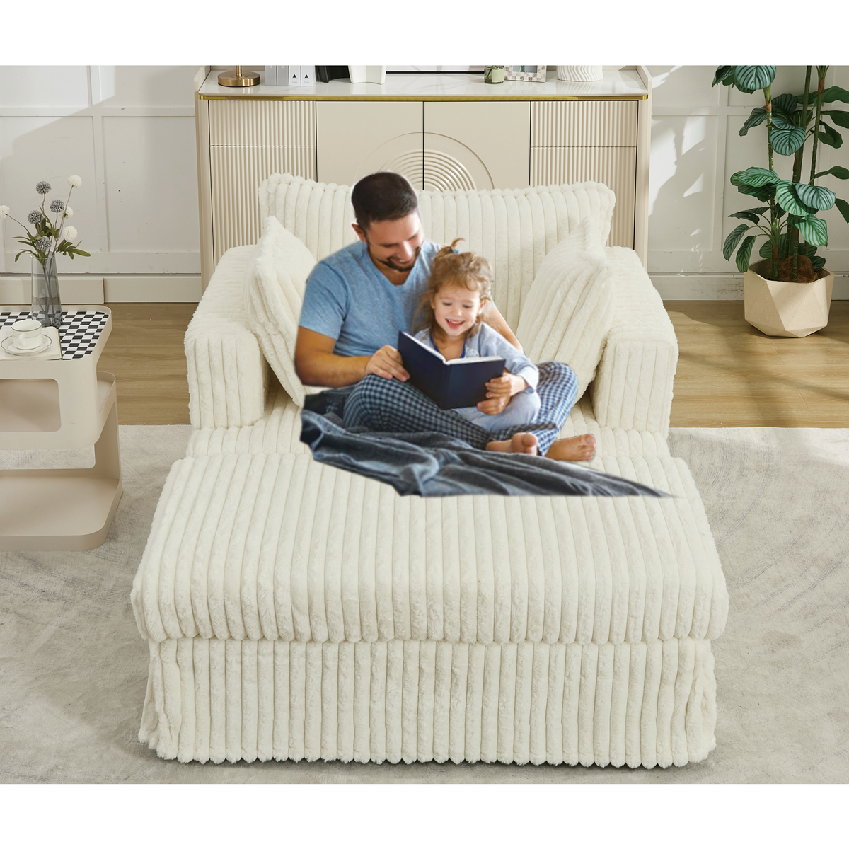 47.7" Oversized Corduroy Chaise Longue with Ottoman