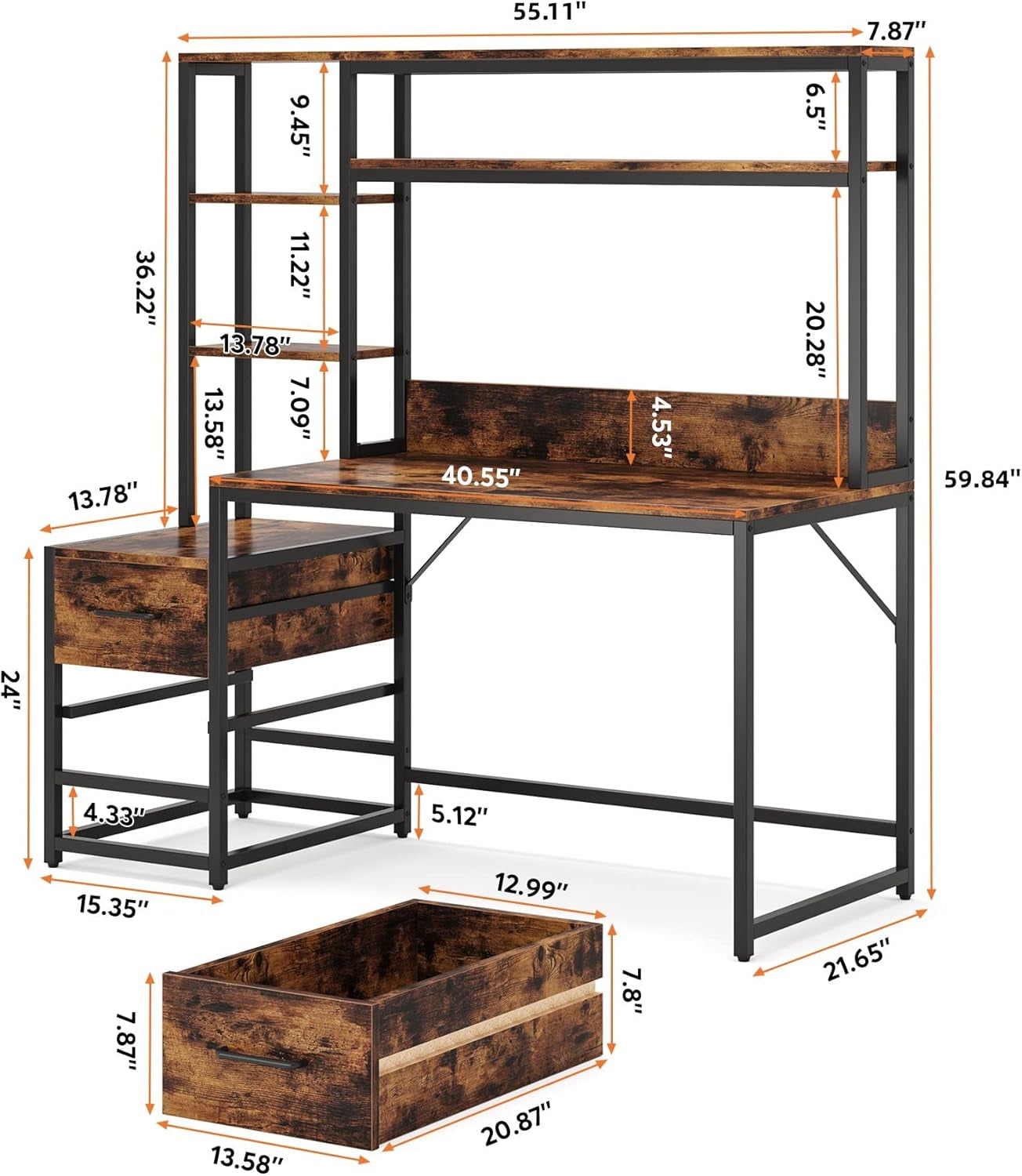 55 Inch Rustic Brown Computer Desk With Drawers And Shelves