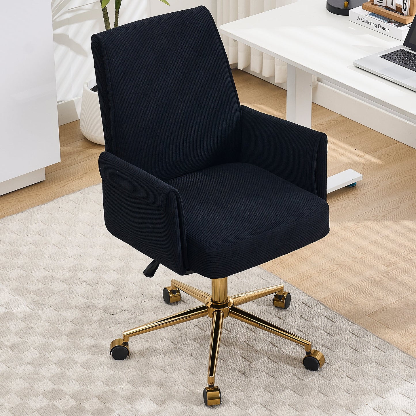 Mid-Back Liftable Office Chair - Striped Fabric - Black