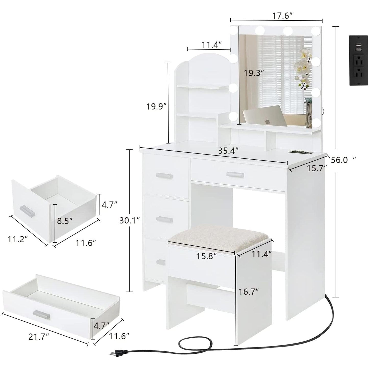 White Vanity Desk With Lighted Mirror And Charging Station