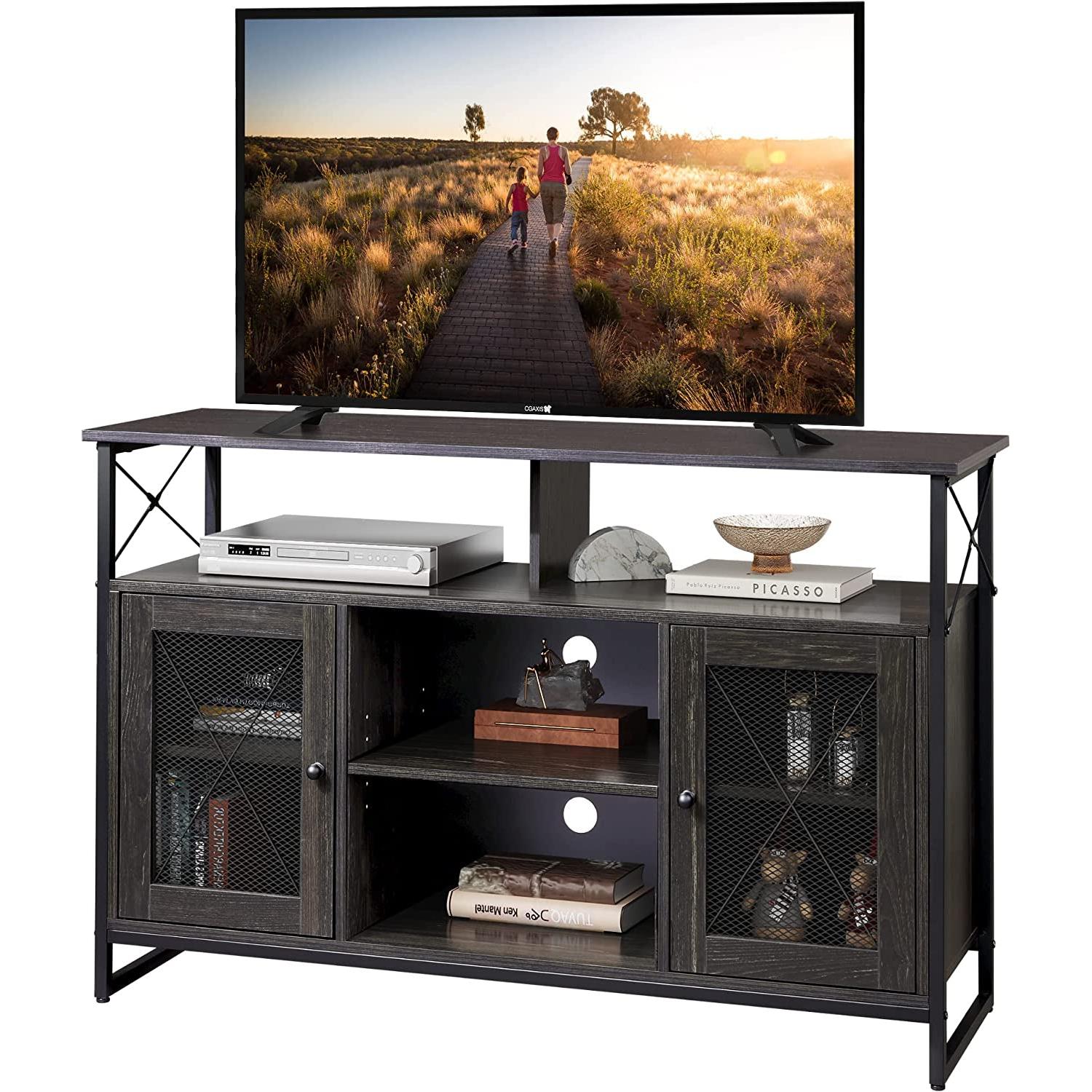 55 Inch TV Stand With Storage Console Industrial Farmhouse featuring sturdy design and smart storage options.