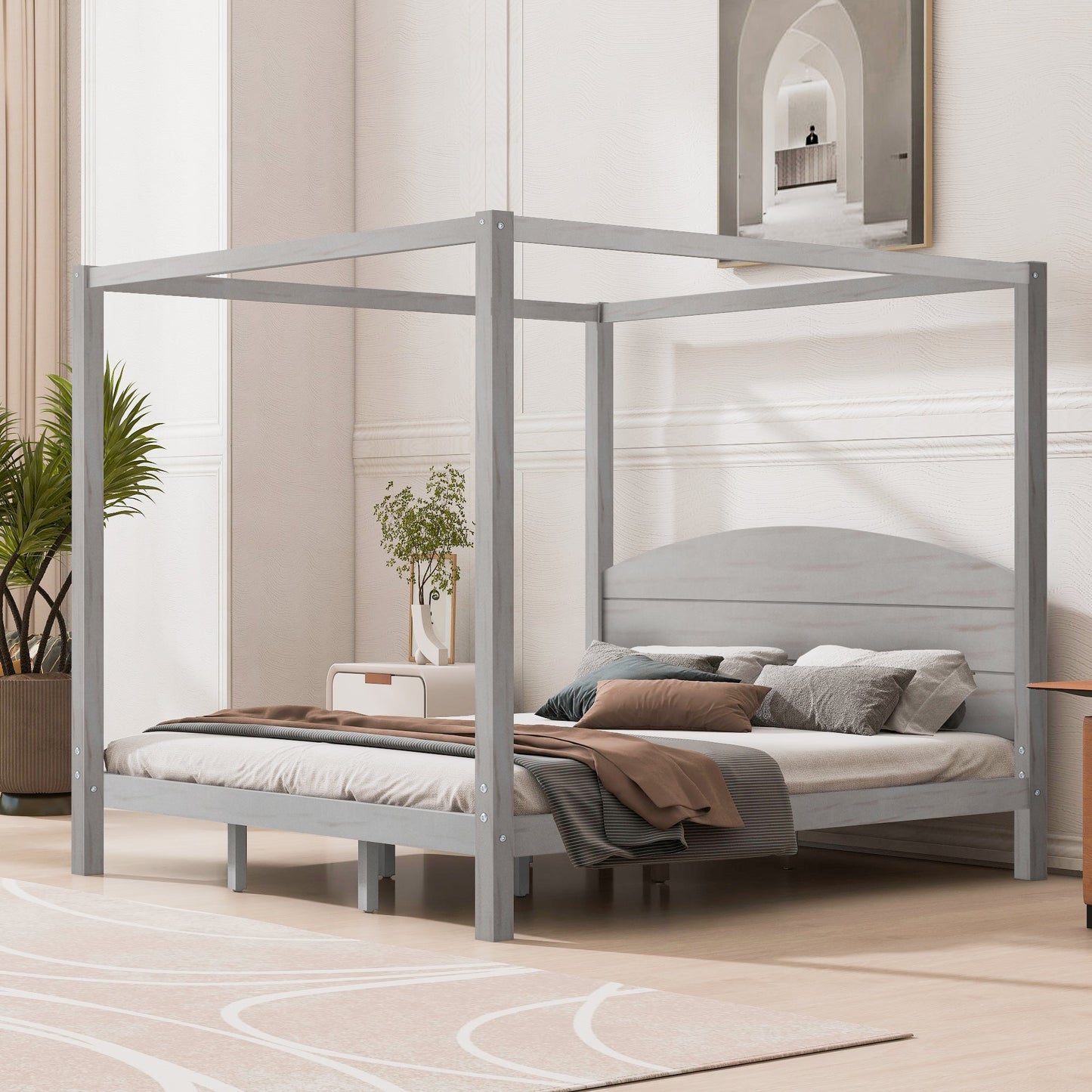 King Size Canopy Platform Bed with Headboard and Support Legs