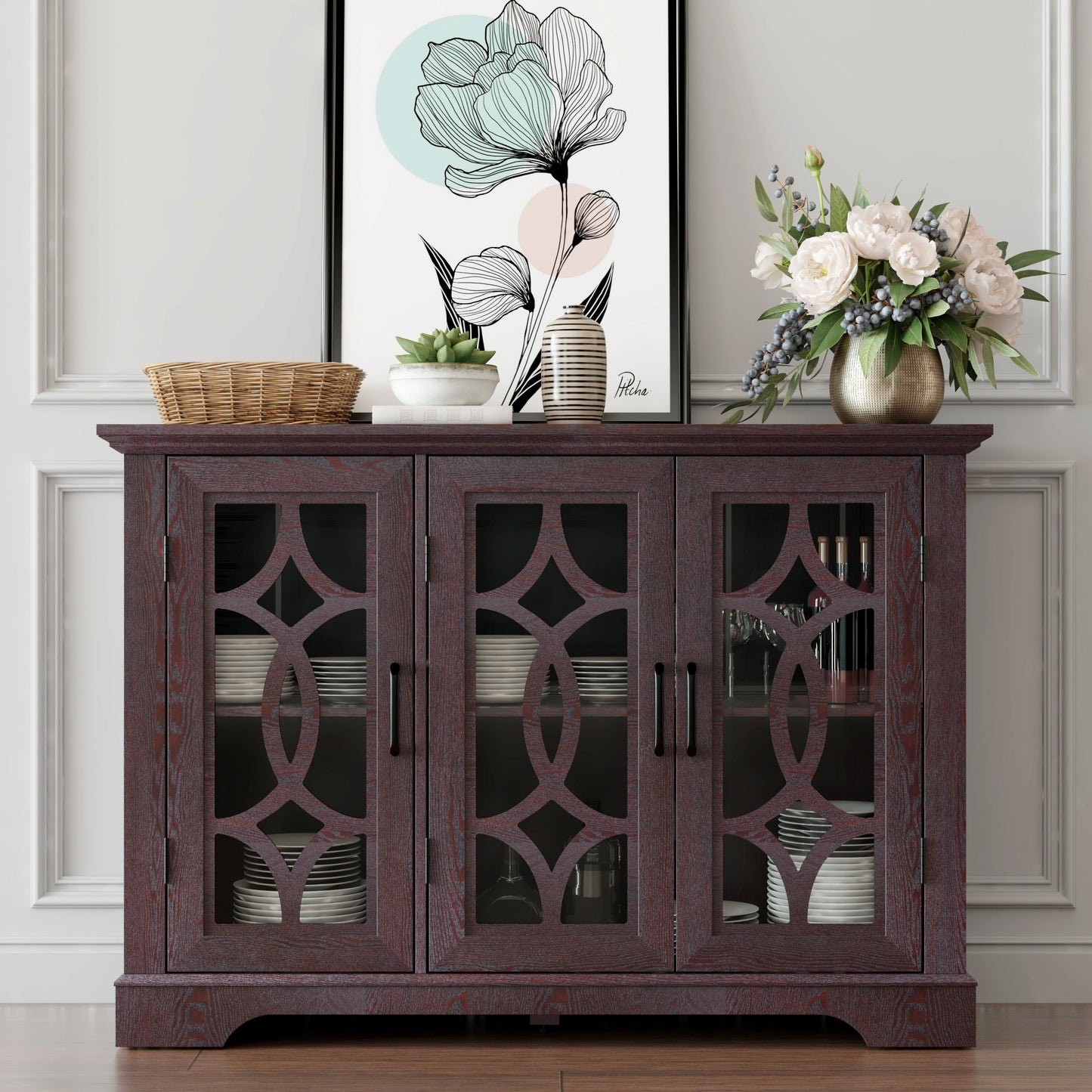 Spacious Size Sideboard with 3 Clear Tempered Glass Doors