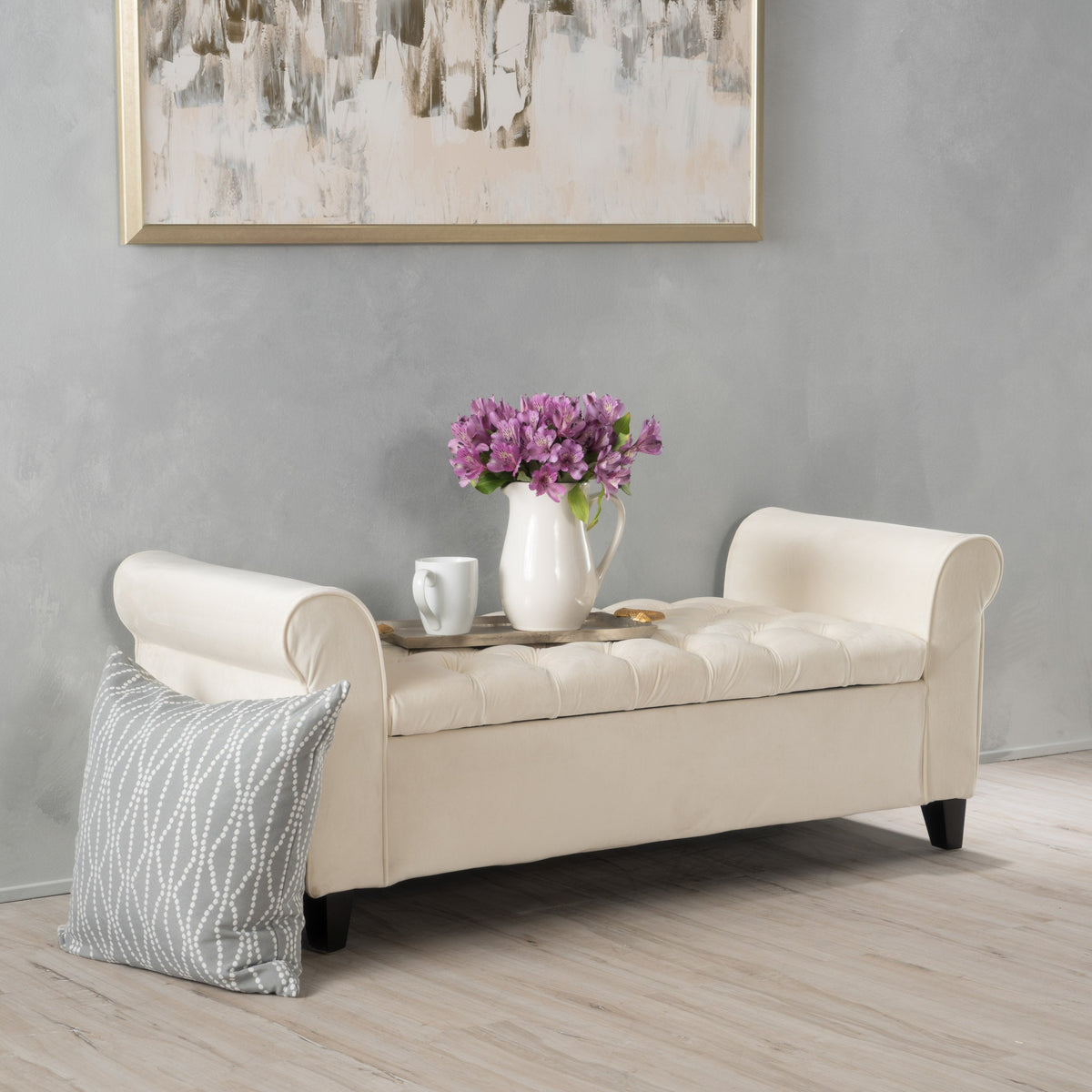 Ivory Fabric Storage Bench With Rolled Arms