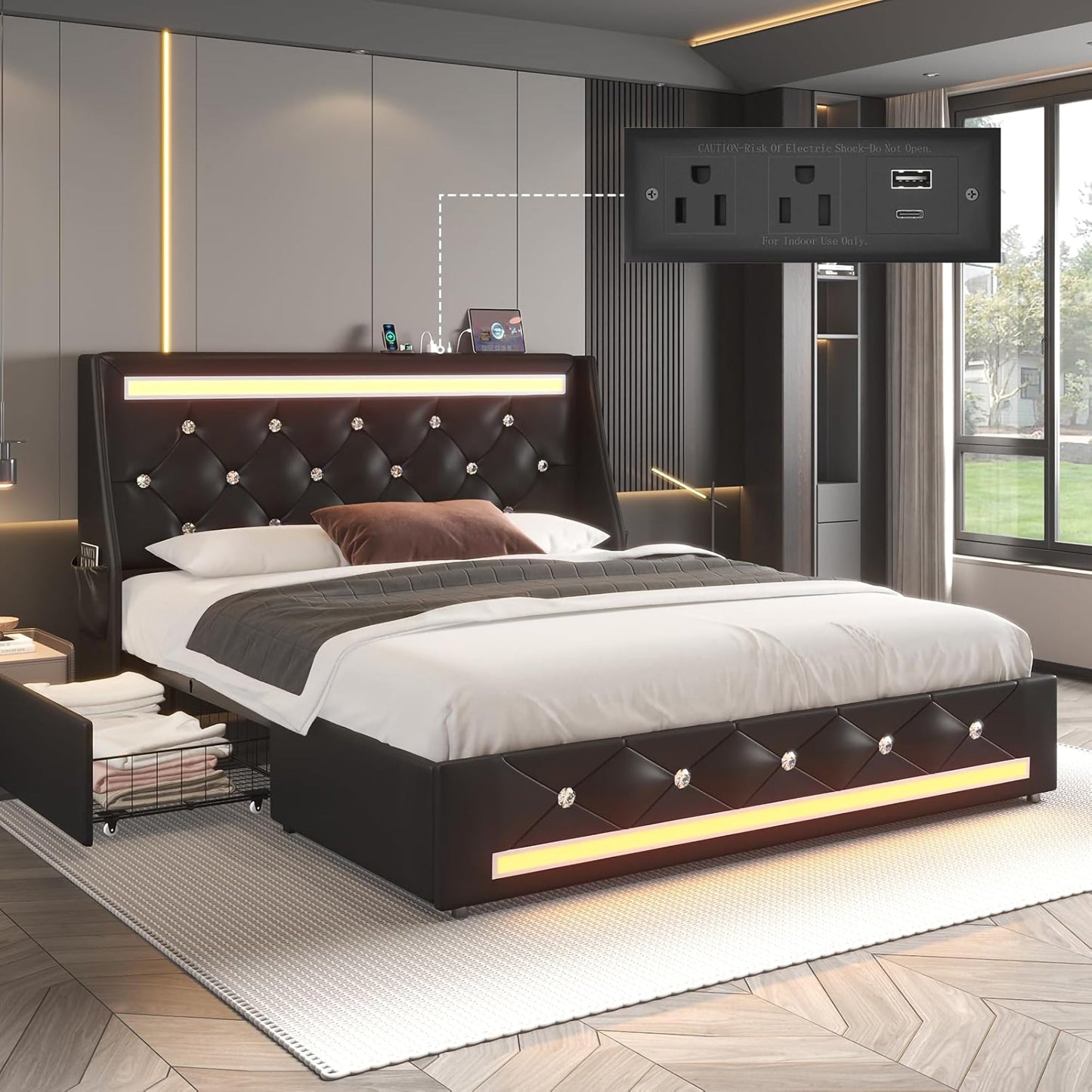 Queen Size Bed Frame with Wingback Upholstered Diamond Headboard