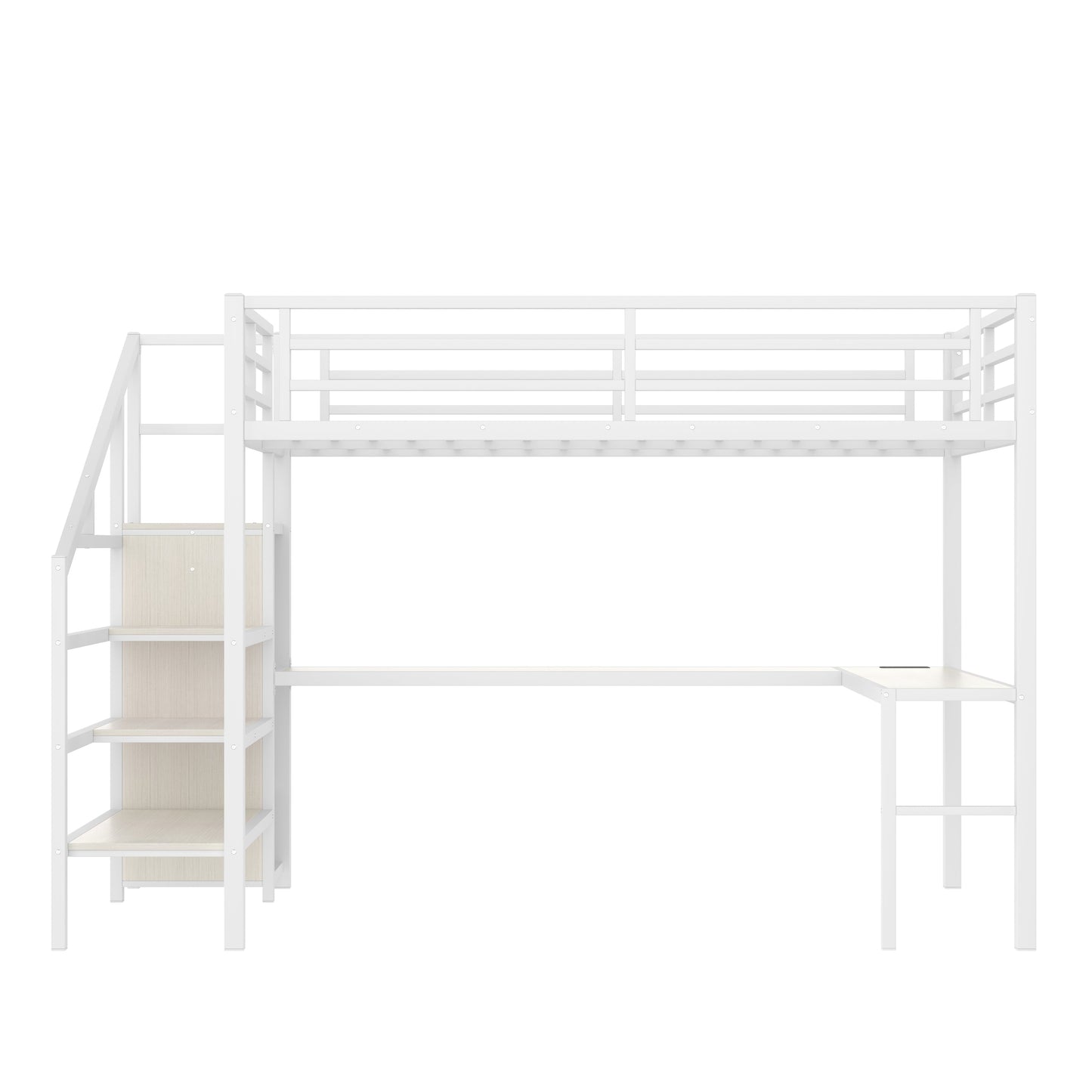 Queen Size Loft Bed with L-shaped Desk and USB, Metal Loft Bed with Wardrobe and Adjustable Shelf, High Loft Bed with LED for Kids Teens Adults, White Wood-grain