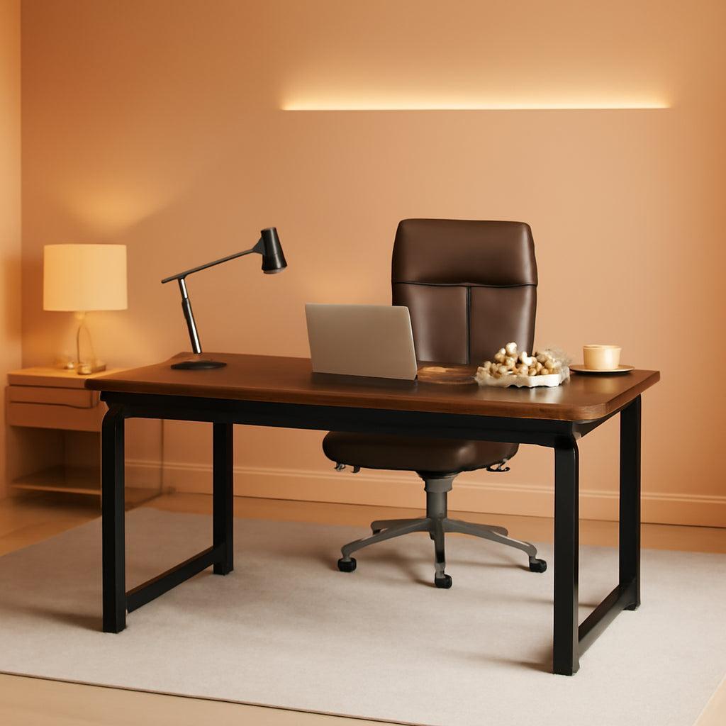 63 Inch Executive Desk Two Tone Brown Black Heavy Duty Frame