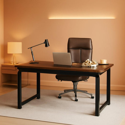 63 Inch Executive Desk Two Tone Brown Black Heavy Duty Frame