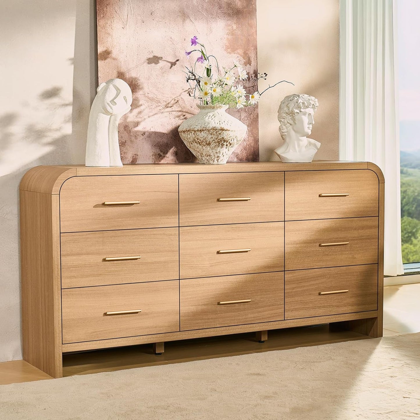 Solid Oak Curved Nine Drawer Dresser Sixty Three Inches
