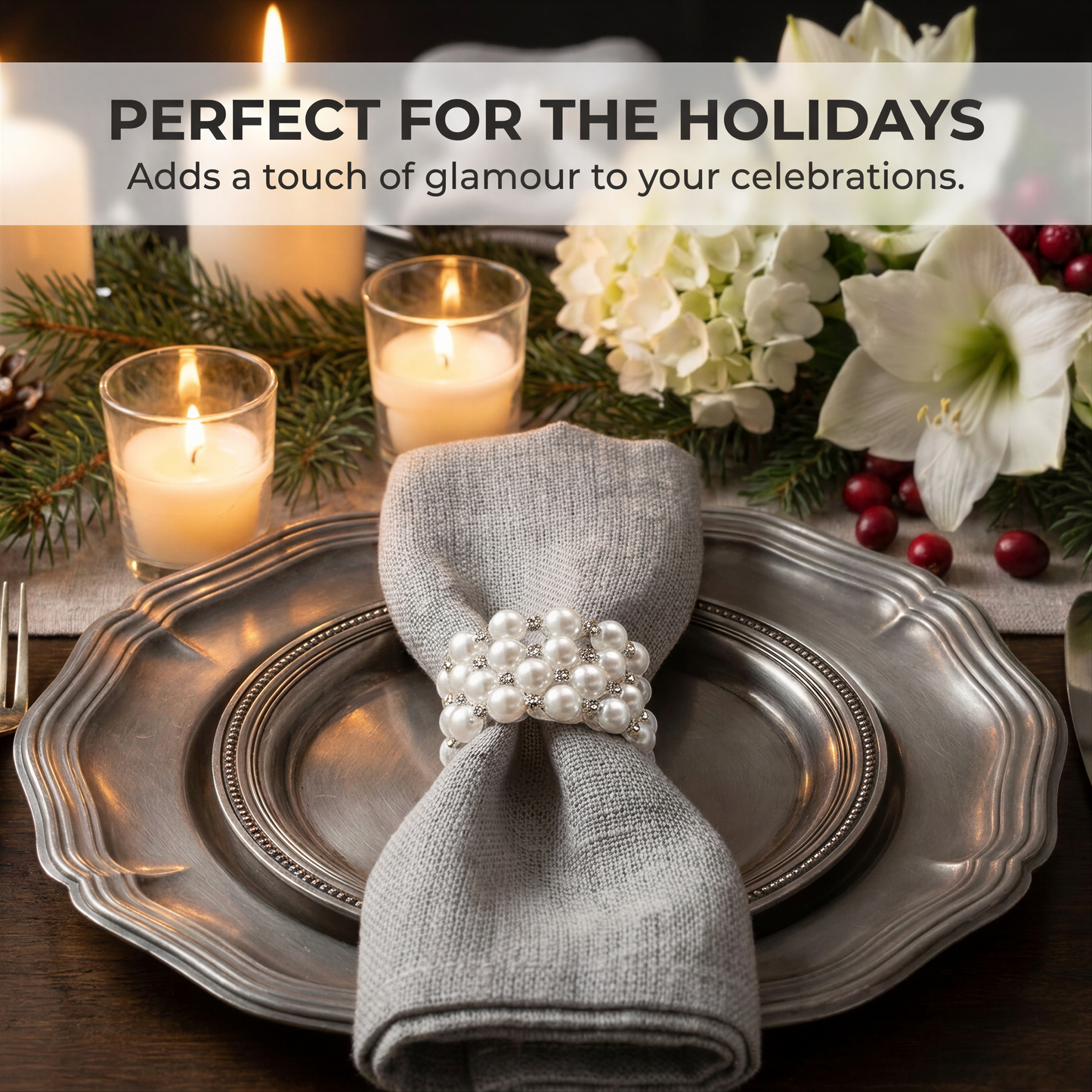 Silver Napkin Rings – Pearl Crystal Design | Elegant Table Decoration Rings
