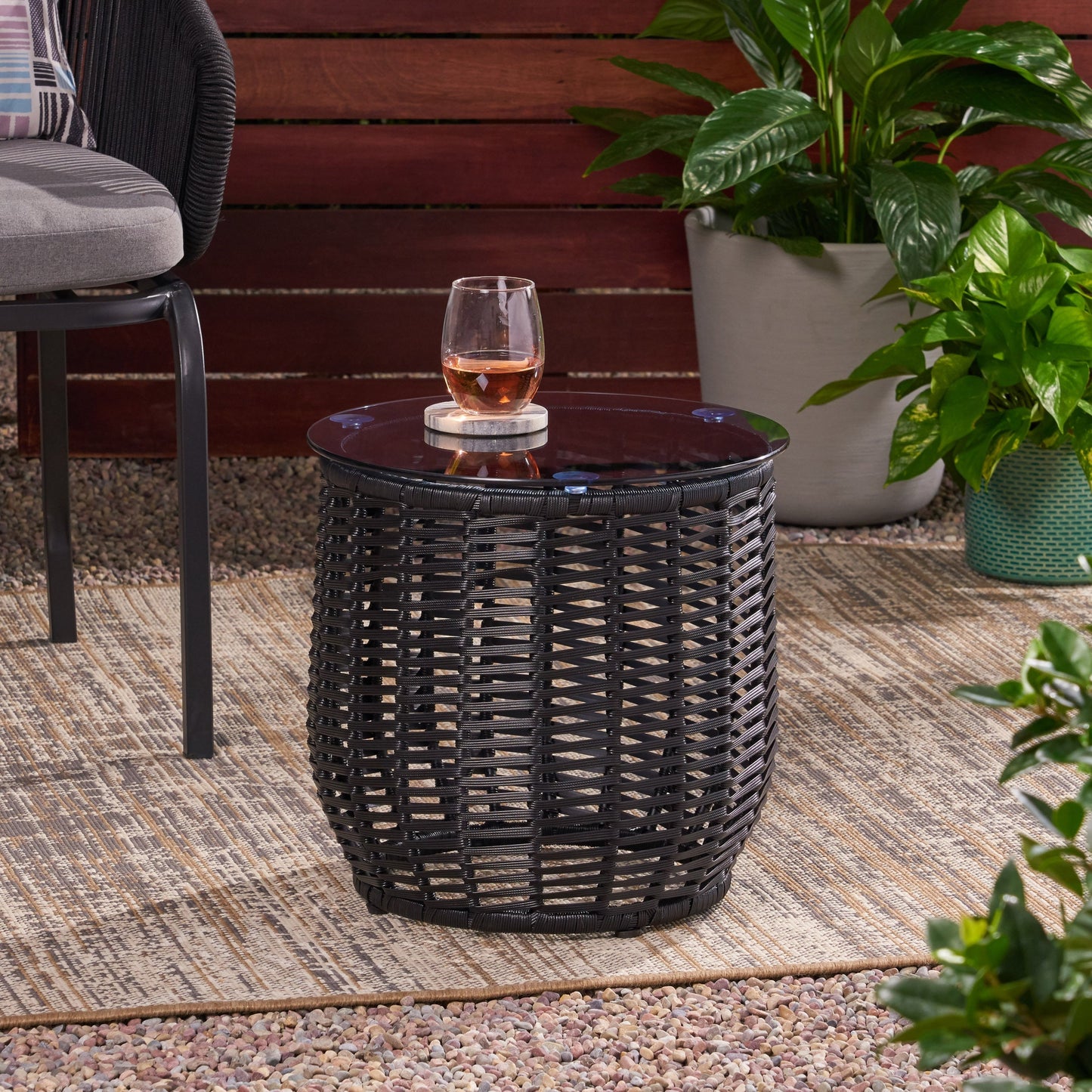 Boho ARIAS Side Table with Tempered Glass Top and Rattan Wrap