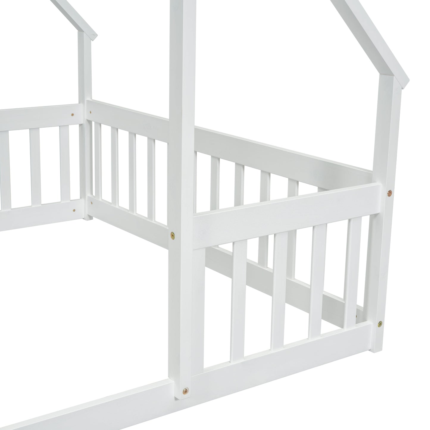 Full Wood House-Shaped Floor Bed with Fence, Guardrails