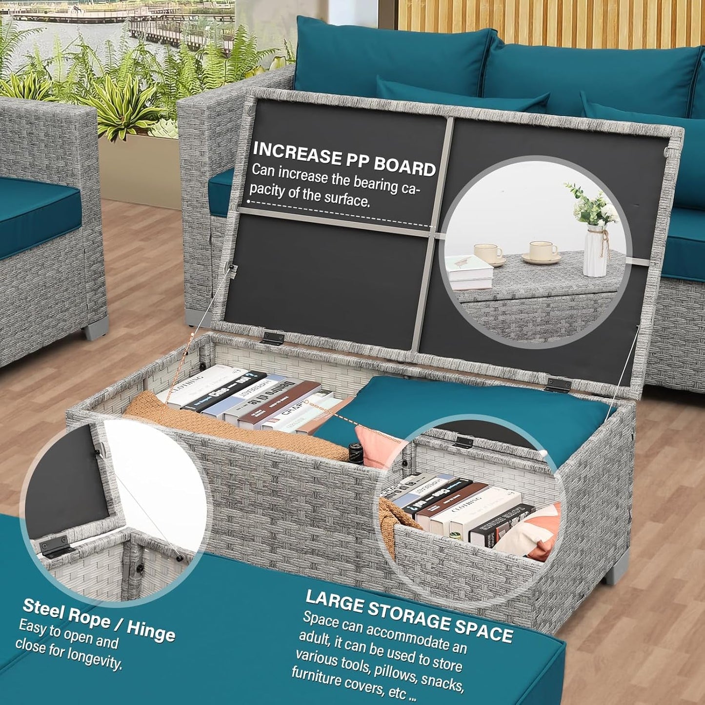 Patio Furniture Set 6 Piece Outdoor Grey Wicker Peacock Blue Cushions showing storage space and features like PP board and steel hinge.
