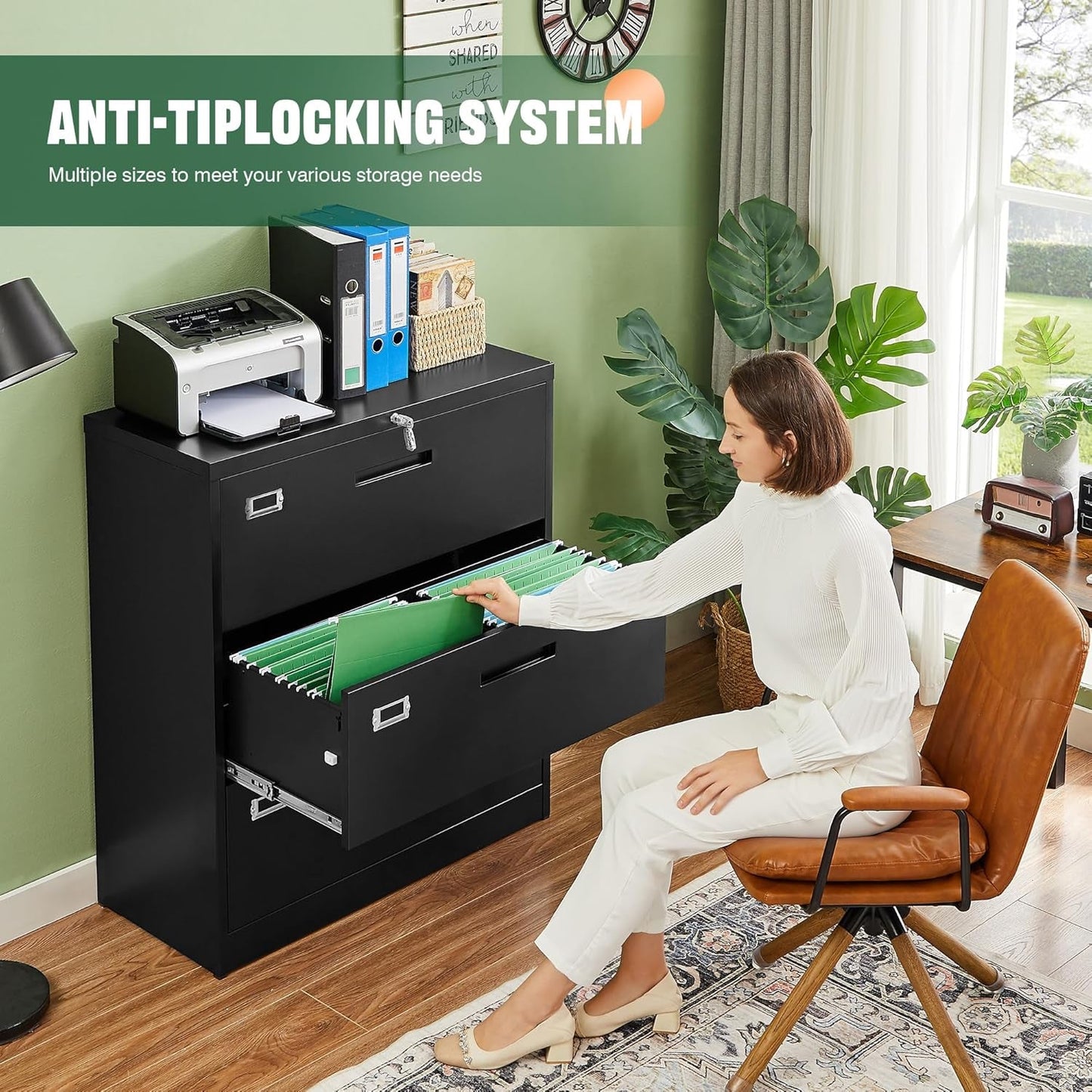 Lateral 3 Drawer File Cabinet With Lock Black Office
