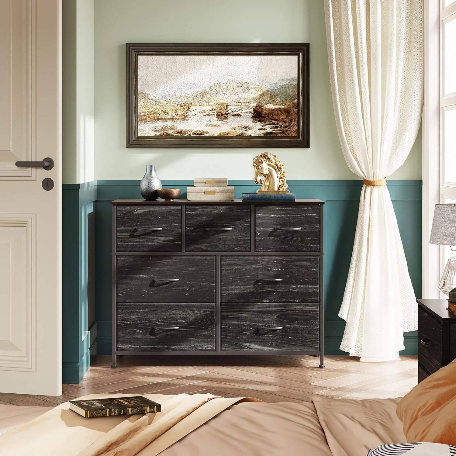 TV Stand For 45 Inch TV With Durable Fabric Drawers placed in a stylish living room setting with decorative elements.
