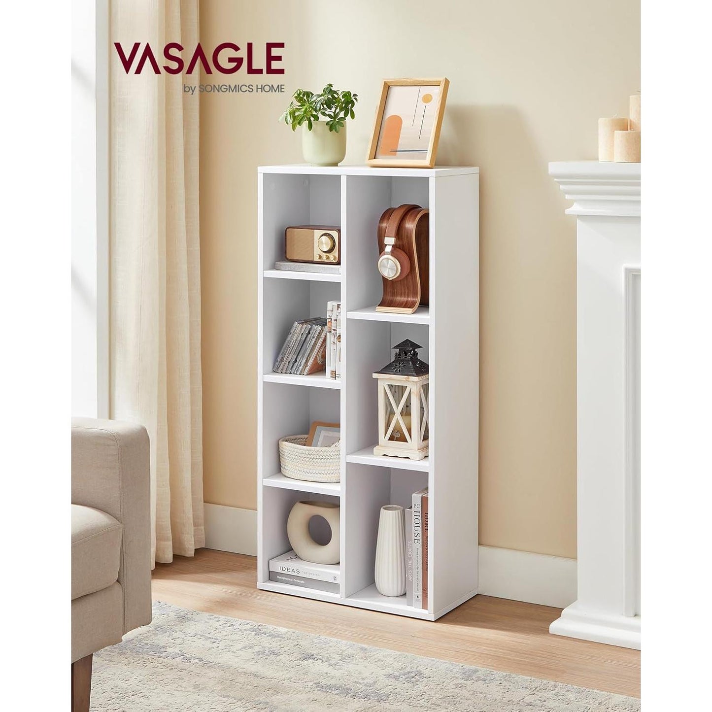 White 7 Compartment Bookcase Shelving Unit For Living Room And Home Office
