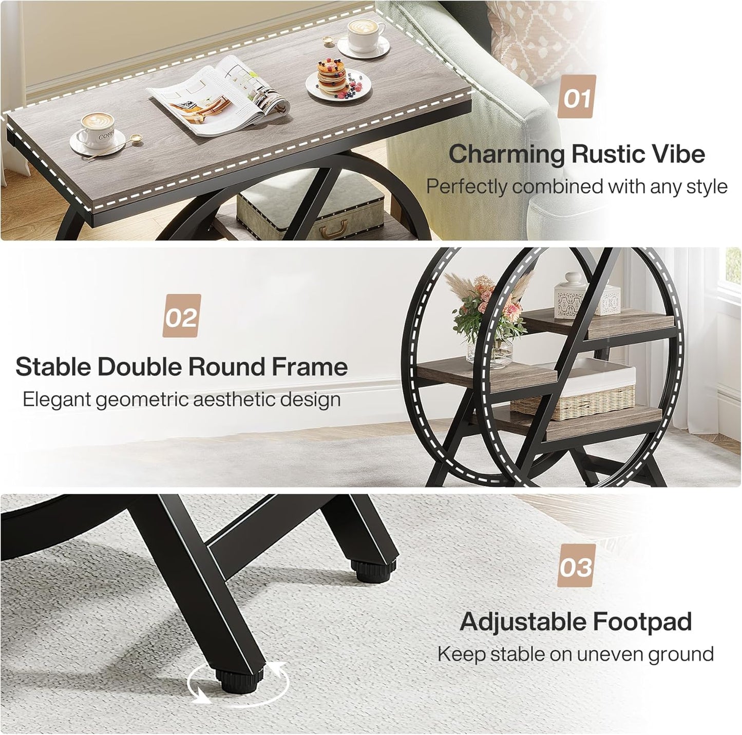 25.59" Industrial Narrow End Table with 3-Tier Storage Shelves