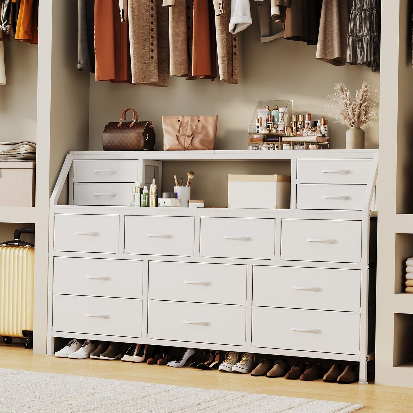 55 Inch Wide TV Stand Dresser 14 Drawers White Finish